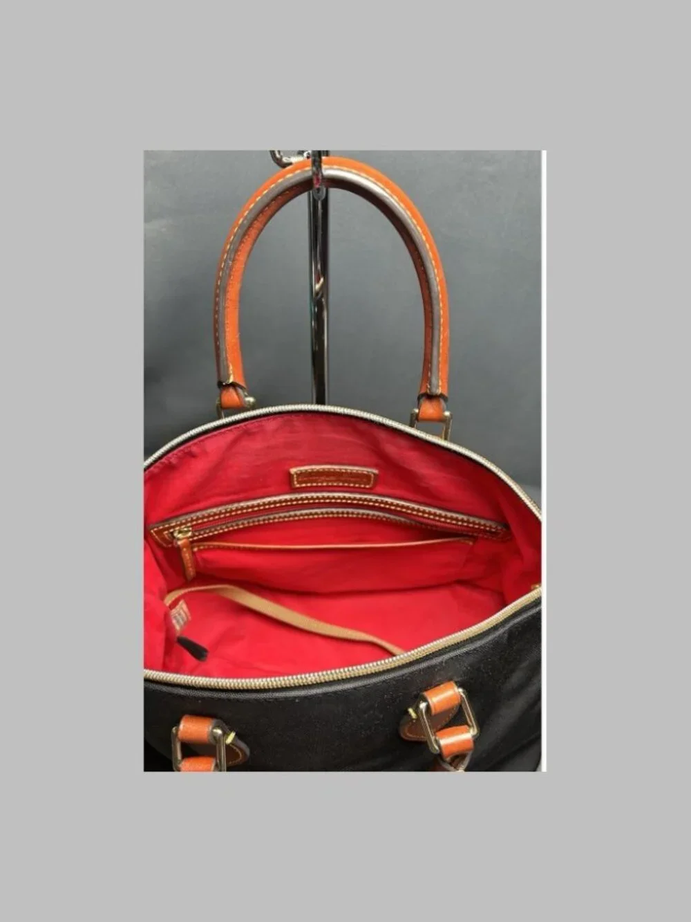 Dooney & Bourke Black Nylon Satchel Shoulder Tote Bag Brown Leather Trim COA